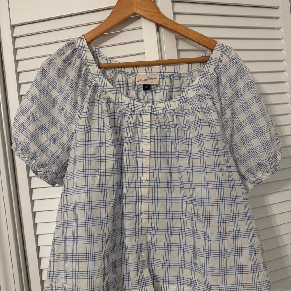 Women's Puff Short Sleeve
Blouse - Universal Thread Blue/ White Plaid